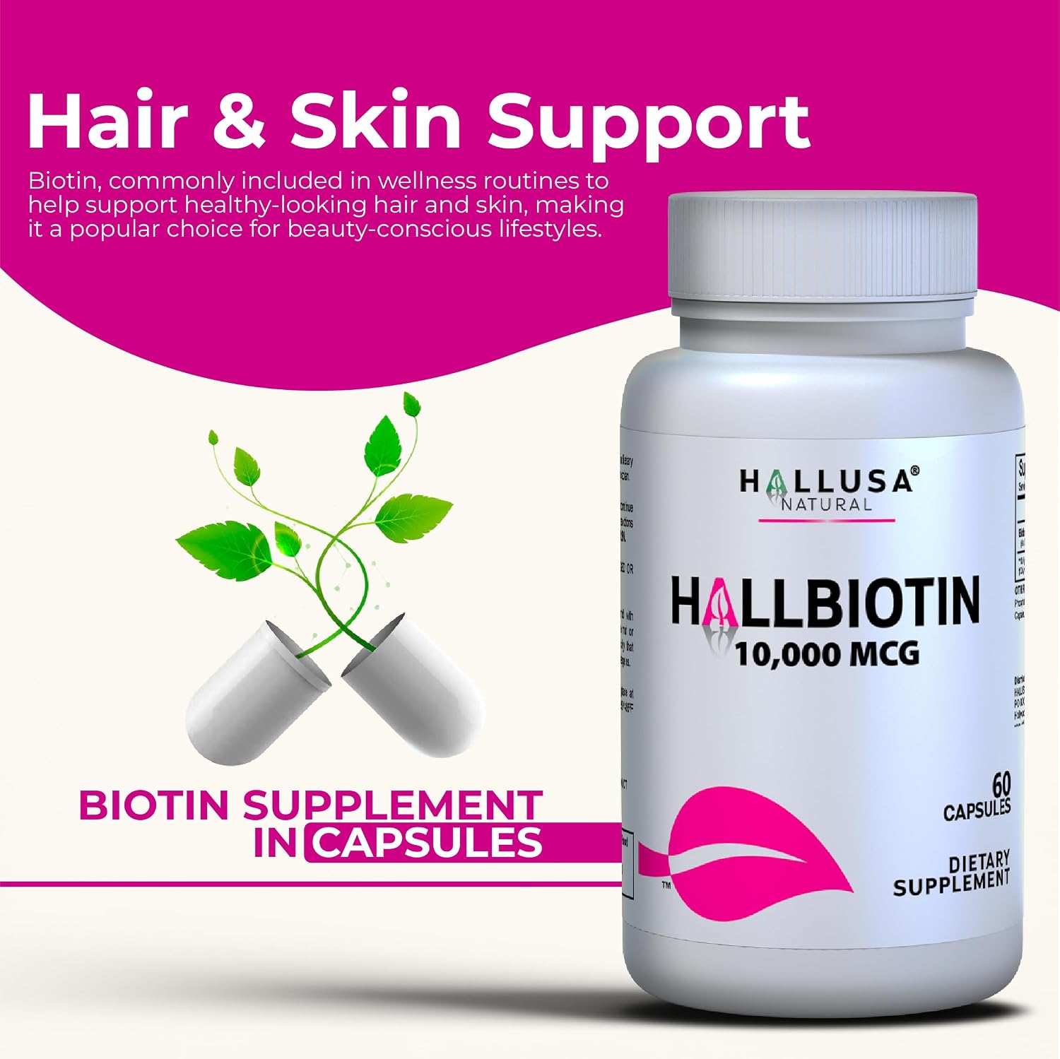Hallusa Natural Biotina 10.000 mcg, 60 Cápsulas