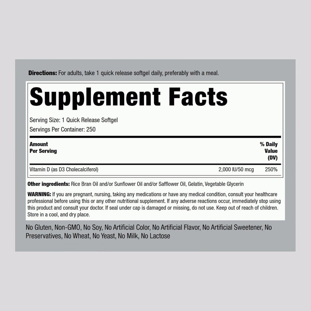 Piping Rock Vitamina D3 2000 IU | 250 Cápsulas Blandas | Alta Potencia | Suplemento de Colecalciferol | No-GMO, Sin Gluten