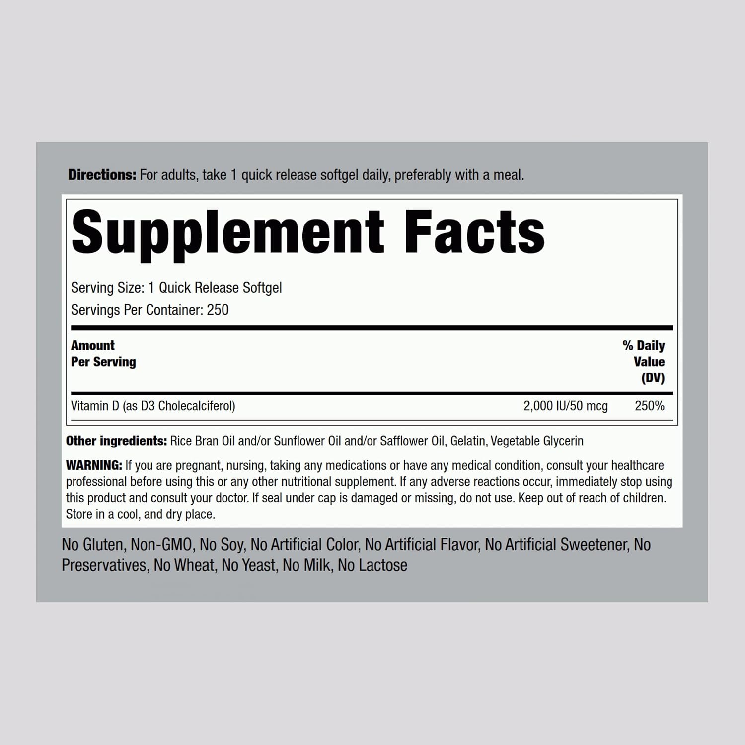 Piping Rock Vitamina D3 2000 IU | 250 Cápsulas Blandas | Alta Potencia | Suplemento de Colecalciferol | No-GMO, Sin Gluten