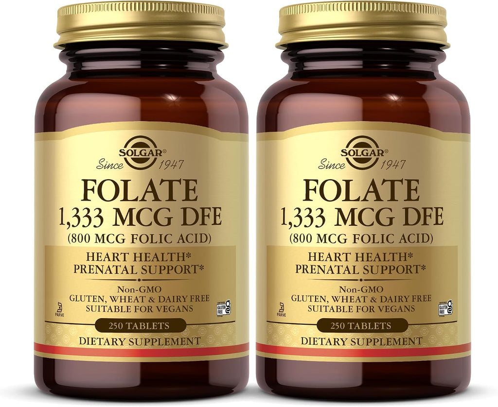 Solgar Folate 1,333 mcg DFE (Folic Acid 800 mcg) - 250 Tablets, Pack of 2 - Prenatal Support - Non-GMO, Vegan, Gluten Free, Dairy Free, Kosher, Halal - 500 Total Servings
