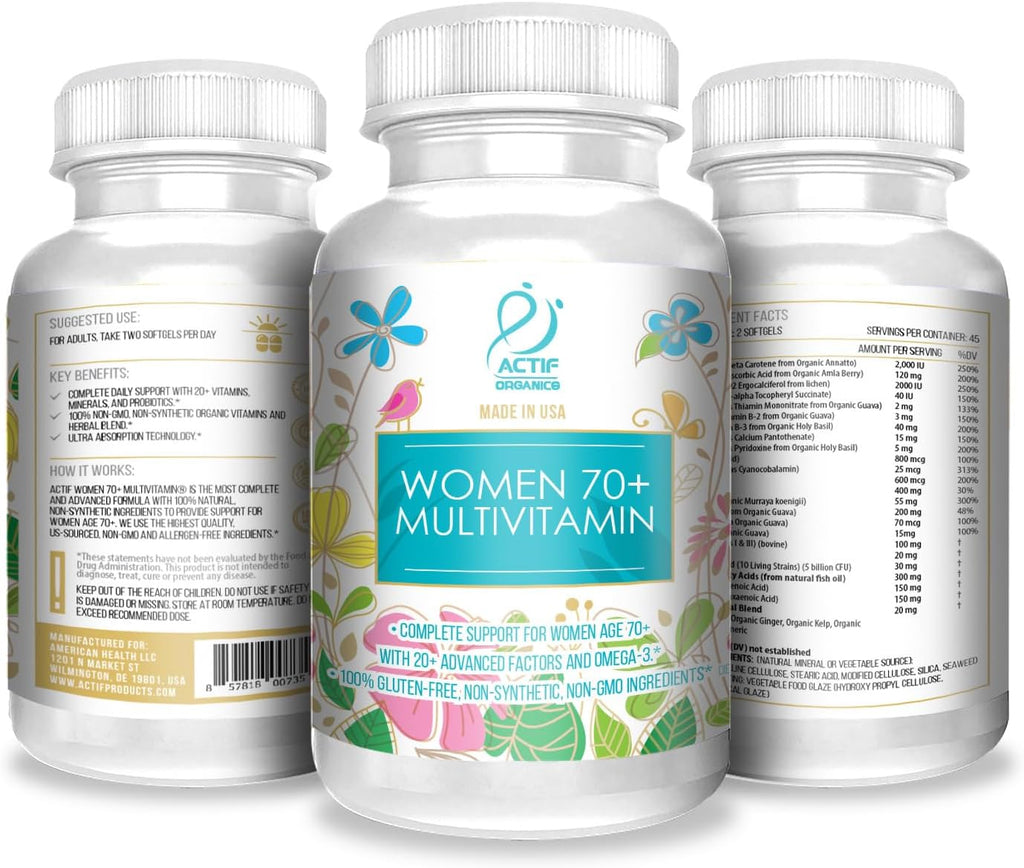 ACTIF Multivitamínico Orgánico para Mujeres de 70+ Años con Omega-3 y Más de 20 Factores Avanzados, No Transgénico, Hecho en EE. UU., 90 Cápsulas