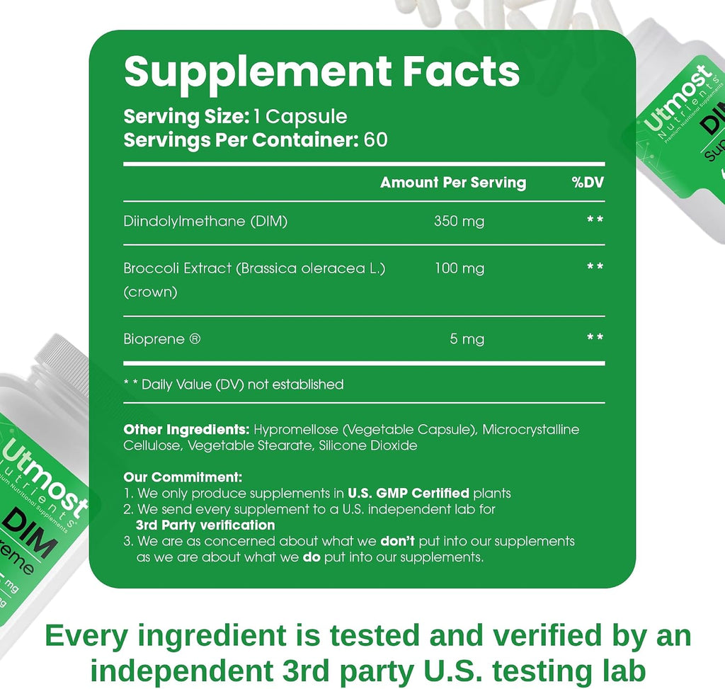 Suplemento DIM 455 mg para Mujer - 60 Cápsulas con Brócoli y Bioperine | Equilibrio Hormonal
