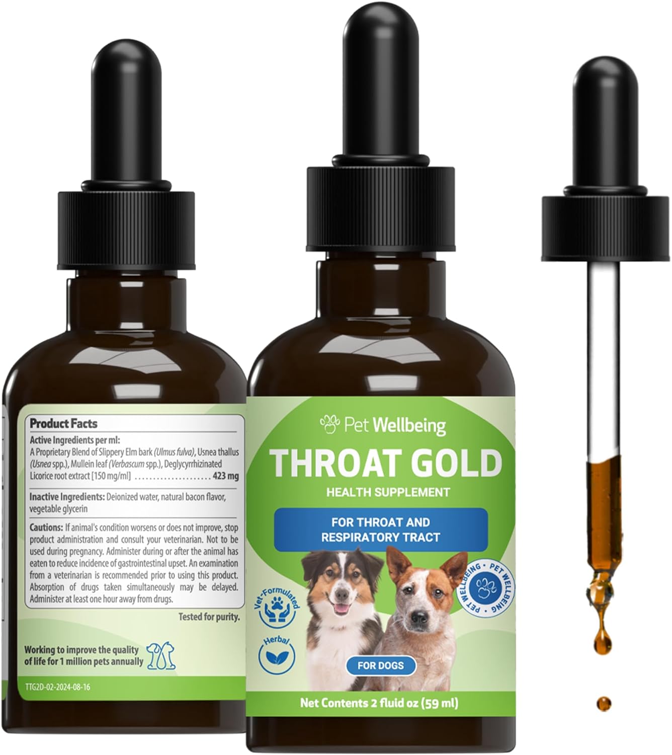 Pet Wellbeing Throat Gold para Perros – Fórmula Líquida con Gordolobo y Olmo Resbaladizo – 60 ml