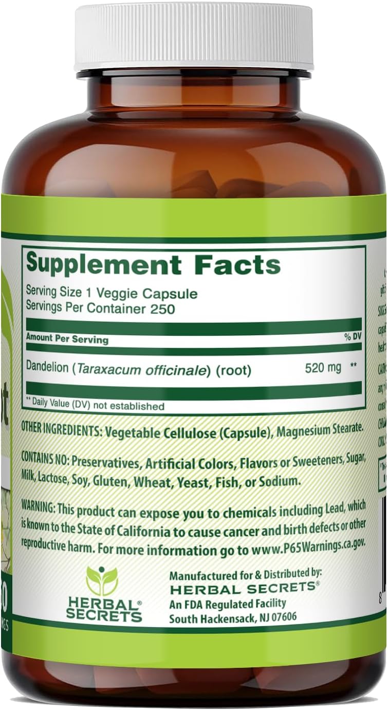 Herbal Secrets Raíz de Diente de León 520 mg – 250 Cápsulas Veganas