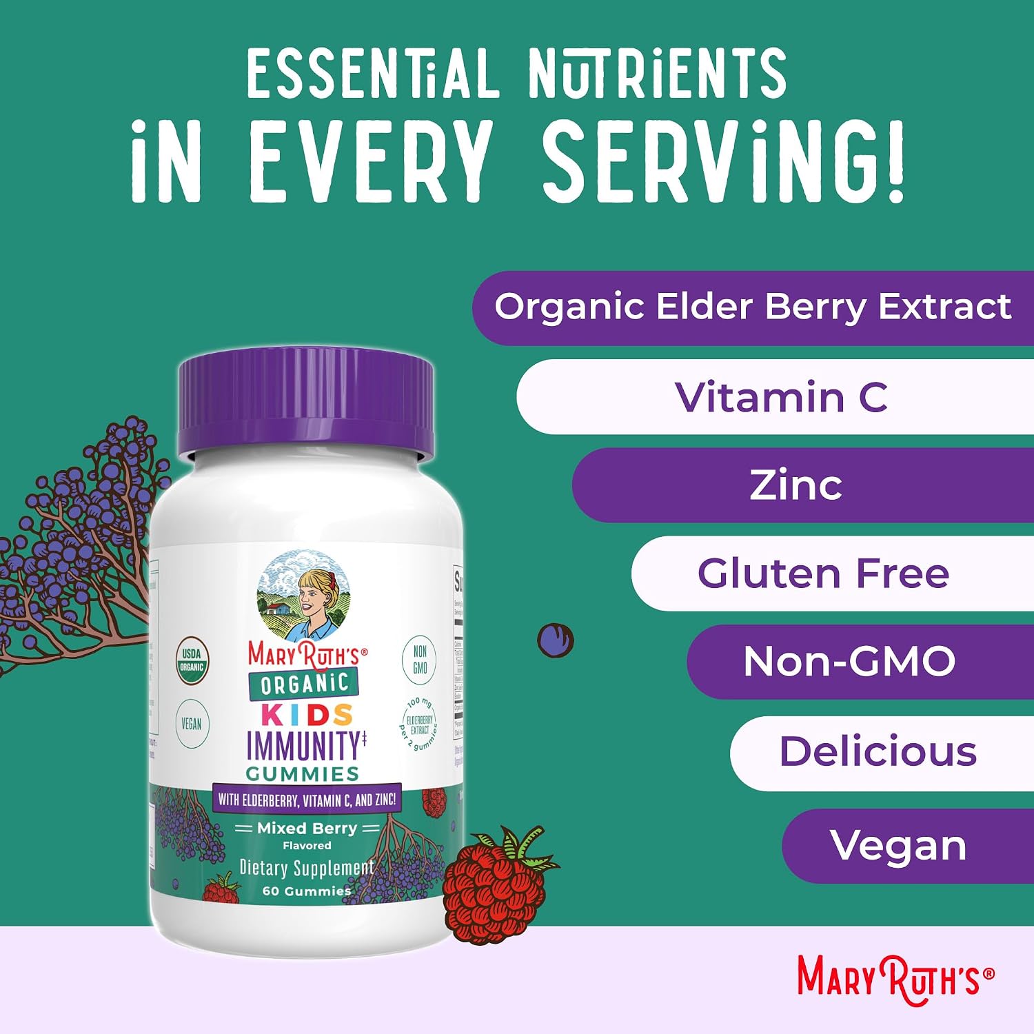 MaryRuth's Organics Gominolas para Defensas Infantiles | Vitamina C, Zinc y Saúco | 60 Gominolas