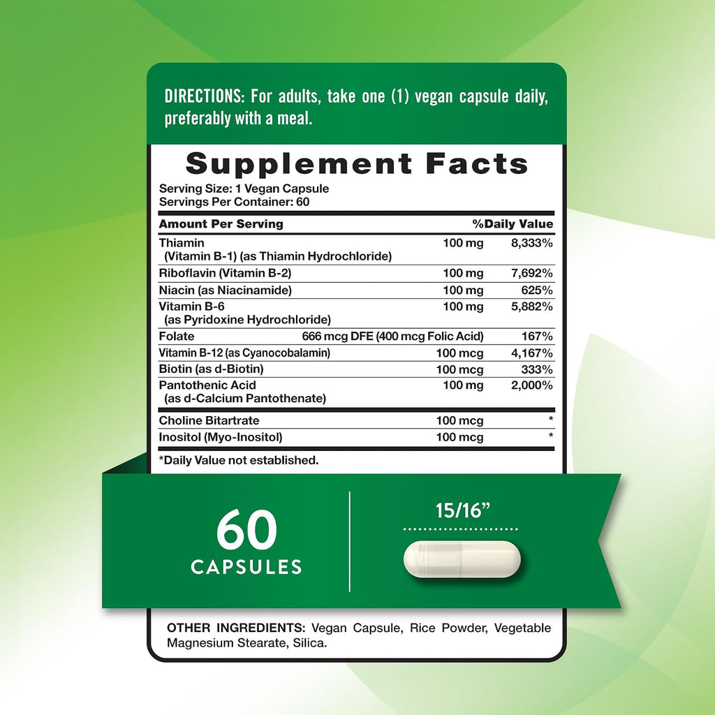 Nature's Truth Complejo B Vitaminas B Completo, 60 Cápsulas, Alta Potencia B-100, Vegano, Sin Gluten