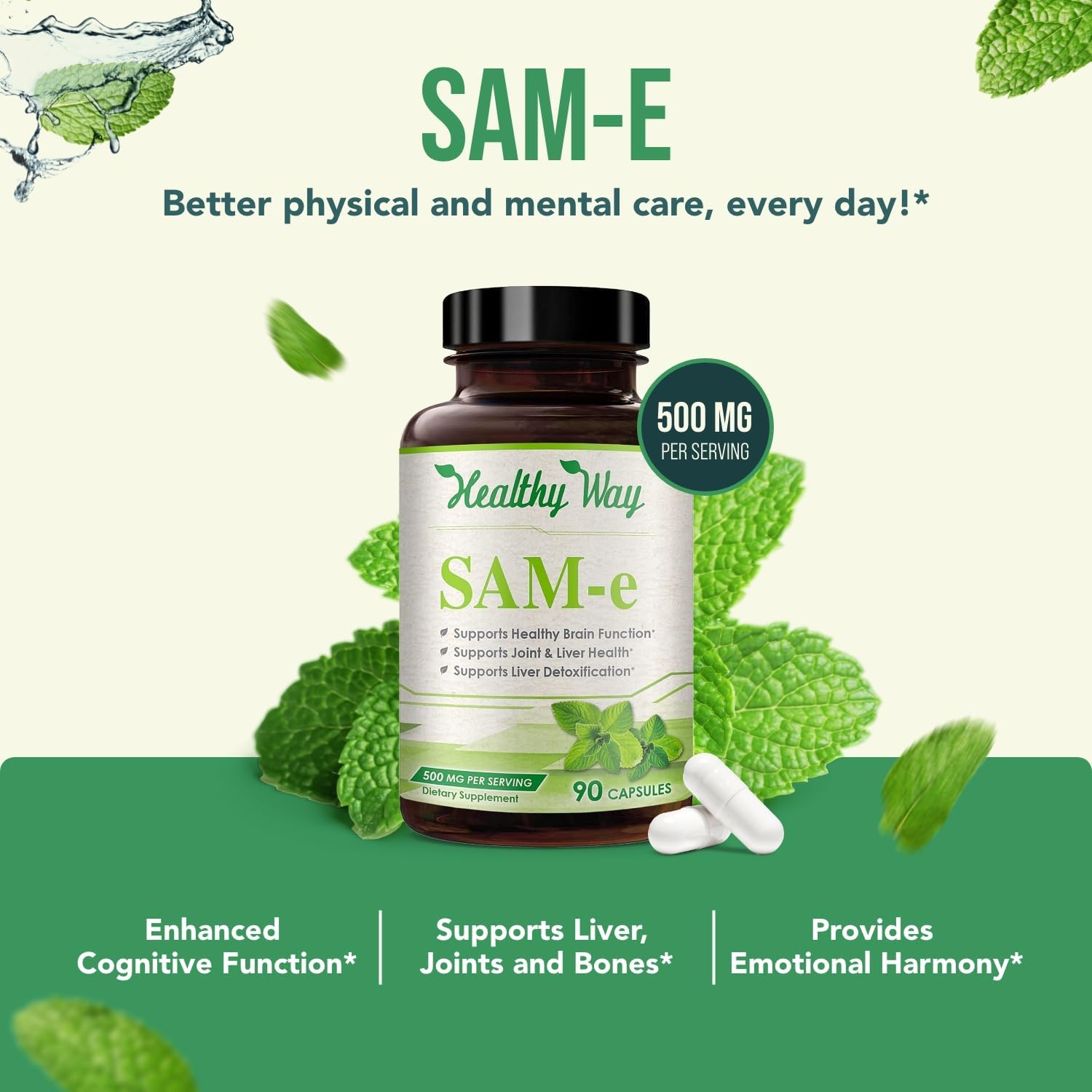 Healthy Way SAM-e 500 mg - S-Adenosil-L-Metionina - 90 Cápsulas