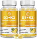 M inch Vitamin D3 K2 Gummies, Vitamina D3 10000IU, K2 (MK-7) 200mcg, Complemento 6 en 1 con Omega-3, Sin Azúcar, Pack de 2