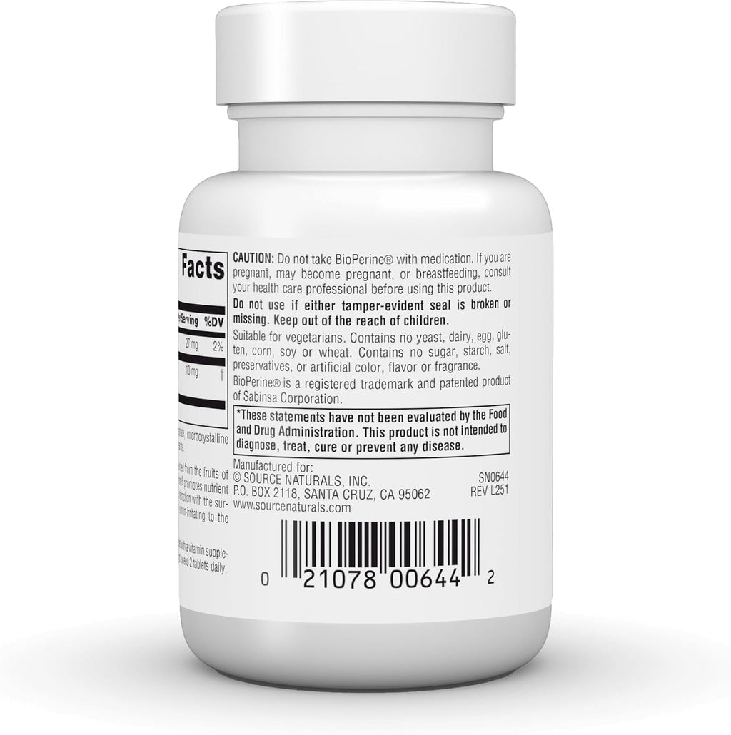Source Naturals BioPerine - Extracto de fruta de pimienta negra, contribuye a la absorción de nutrientes 10 mg, 120 tabletas