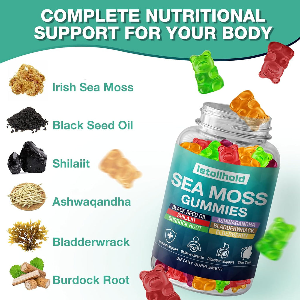 Gominolas de Sea Moss Irish con Ashwagandha, Bladderwrack y Bardana - 60 Gominolas Veganas