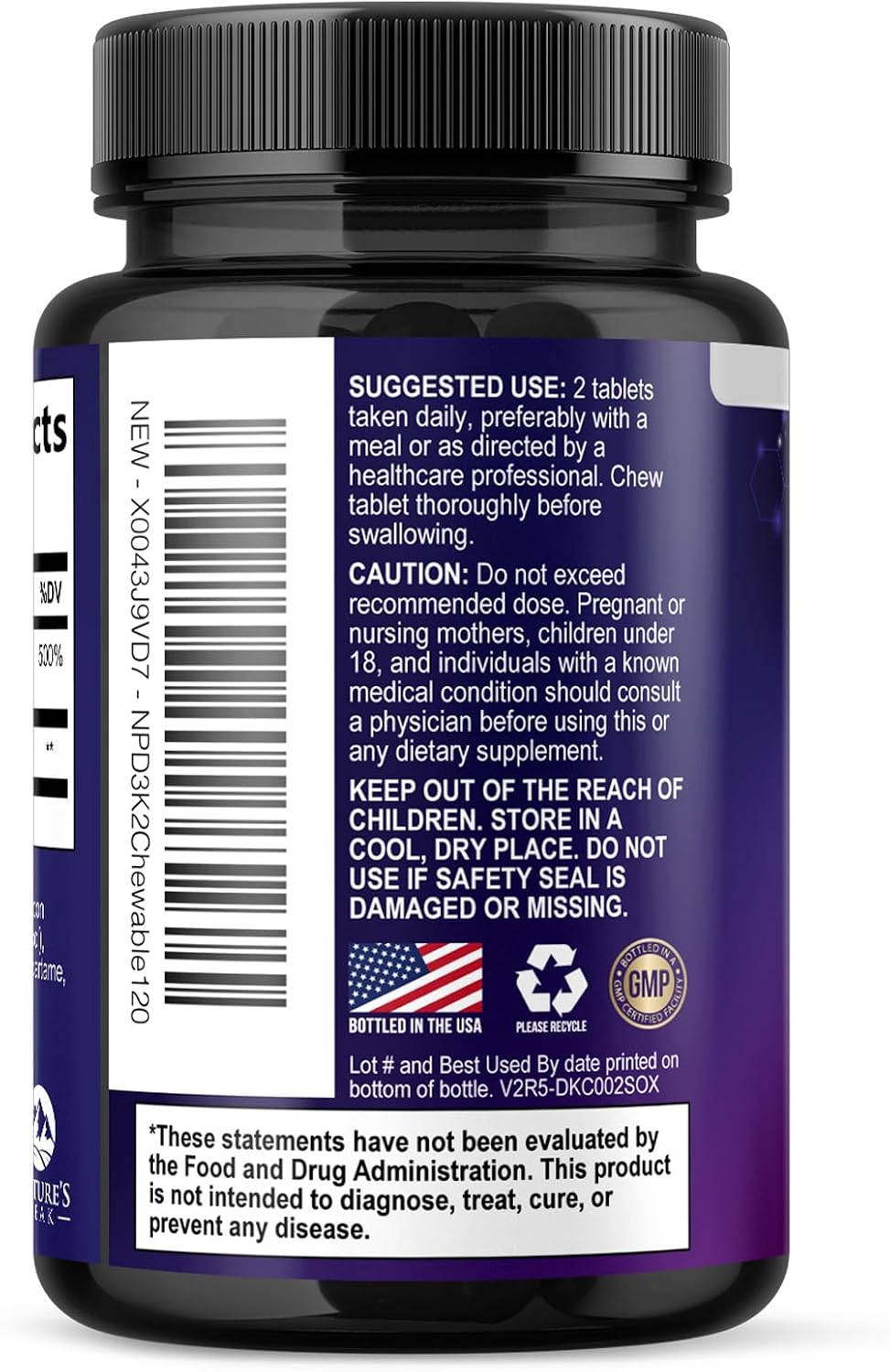 Vitamina D3 K2 5000 UI + 100 mcg MK-7 - 120 Comprimidos Masticables Sabor a Baya