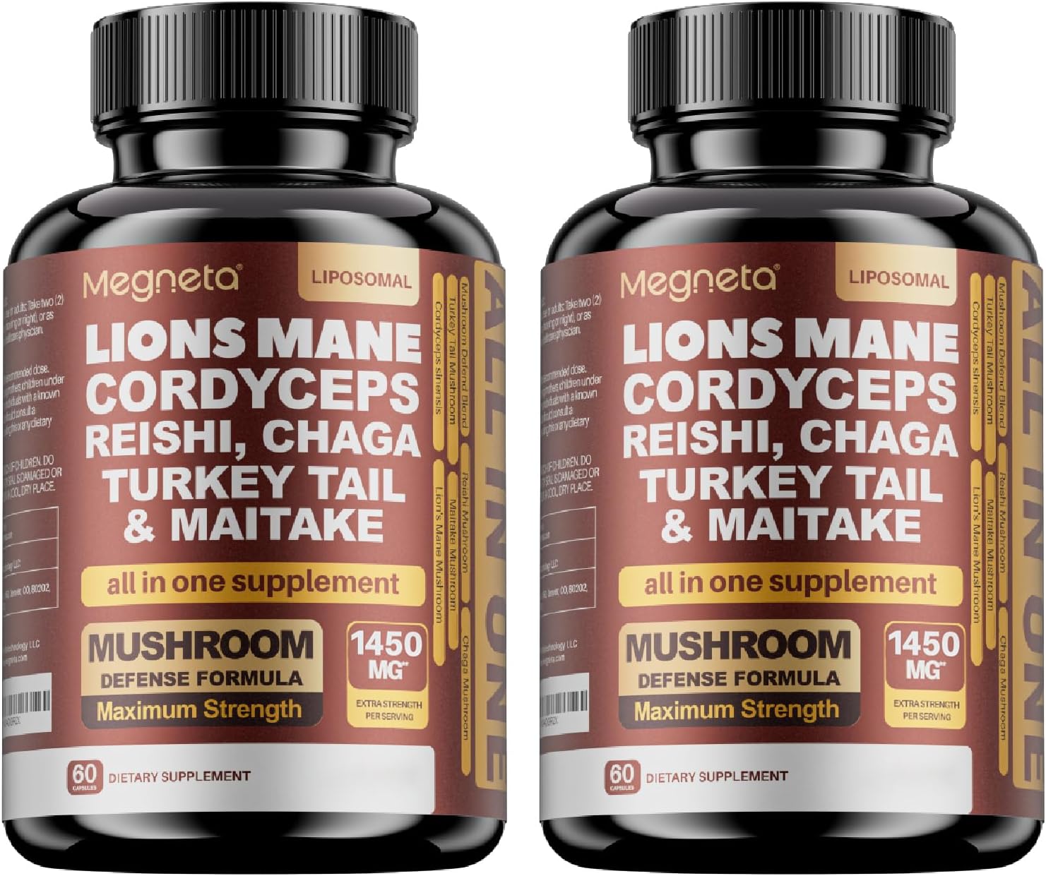 MEGNETA 22 en 1 Hongos Multivitamínicos, Lion's Mane, Cordyceps, Reishi, Turkey Tail, 180 Cápsulas