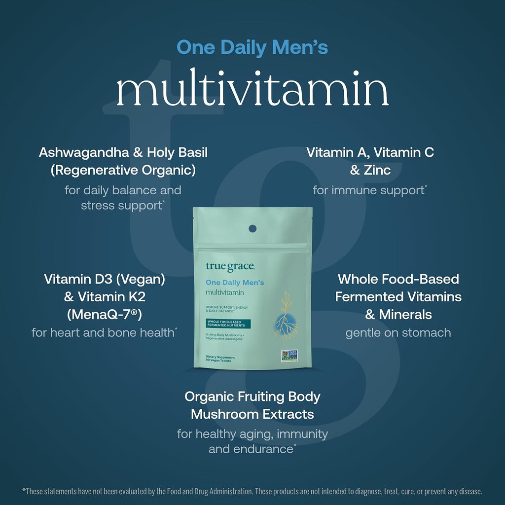 True Grace One Daily Men’s Multivitamin - Multivitamínico Masculino con Minerales Fermentados, Adaptógenos y Setas Orgánicas - 90 Comprimidos Veganos