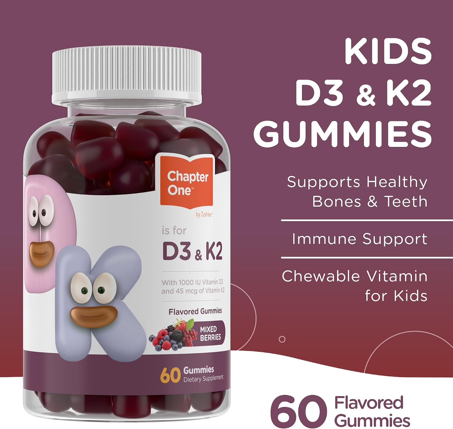 Zahler Chapter One Vitamin D3 & K2 Gominolas - Apoyo Inmune y Salud Ósea - Colecalciferol D3 y MK7 K2 - 60 Gominolas