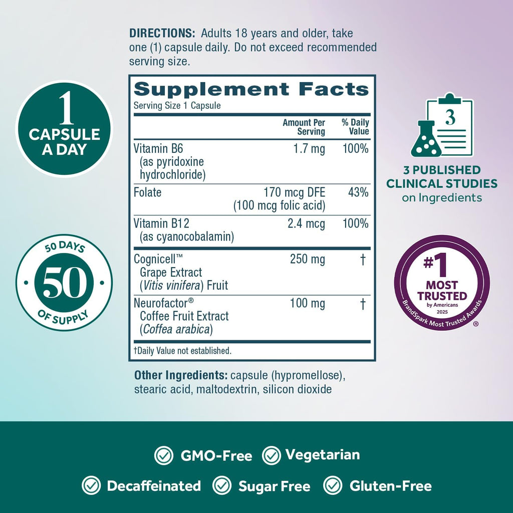 NEURIVA Memory 3D - Suplemento para Memoria y Concentración con Vitaminas B12, B6 y Ácido Fólico, 50 Cápsulas