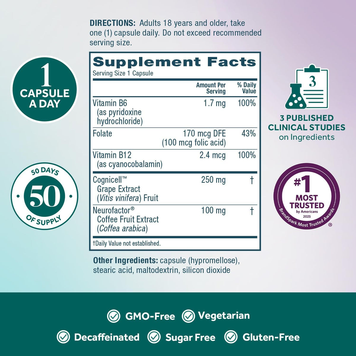 NEURIVA Memory 3D - Suplemento para Memoria y Concentración con Vitaminas B12, B6 y Ácido Fólico, 50 Cápsulas – Image 6