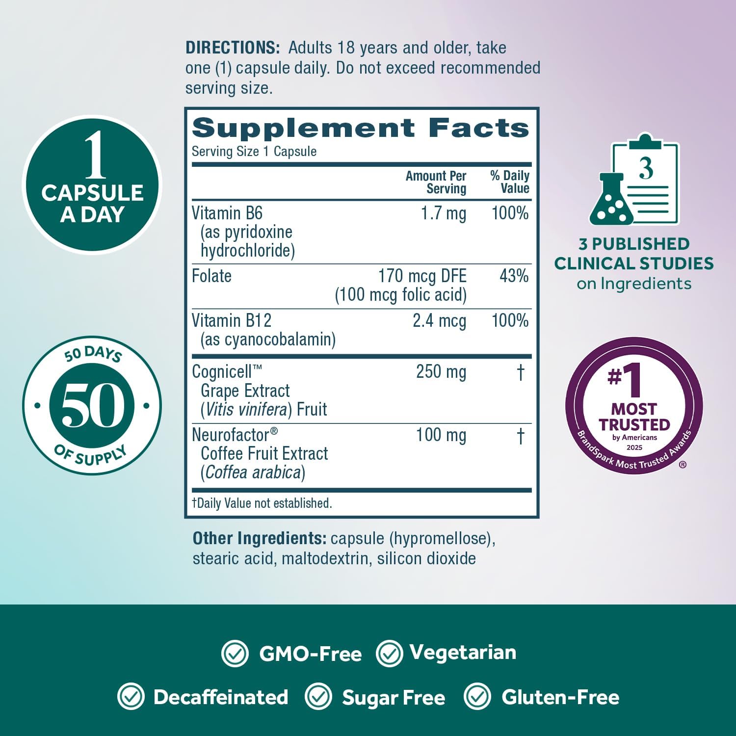 NEURIVA Memory 3D - Suplemento para Memoria y Concentración con Vitaminas B12, B6 y Ácido Fólico, 50 Cápsulas