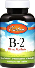 Carlson B-2, 100 mg de Riboflavina, Producción de Energía, Visión y Piel Sana, 250 Comprimidos Vegetarianos