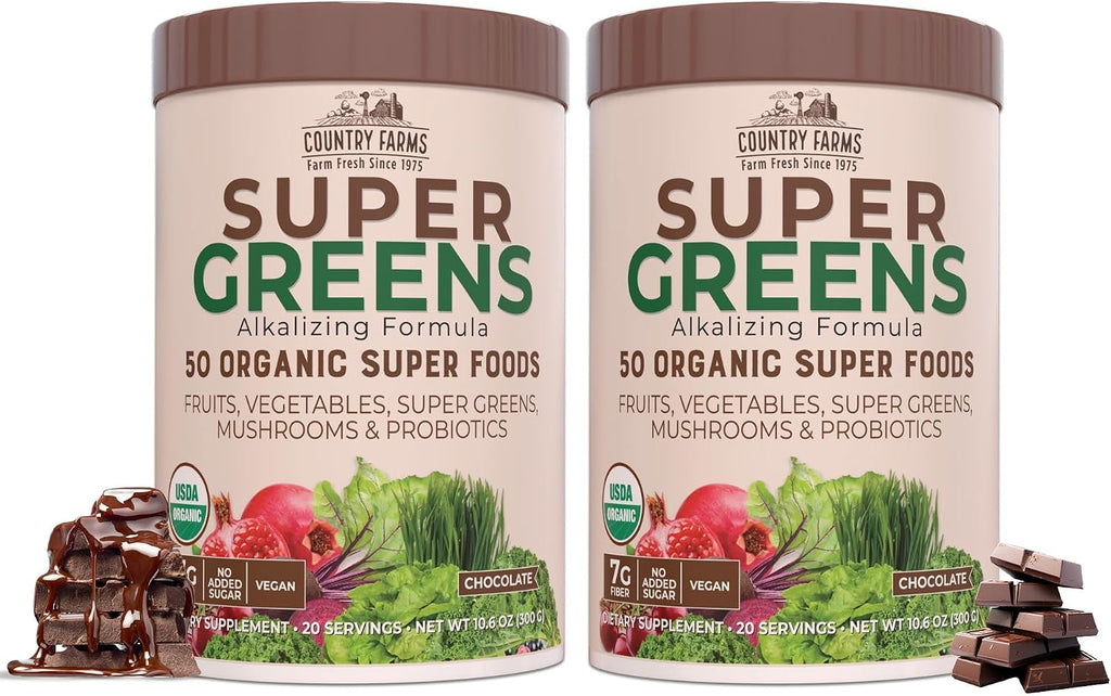 Country Farms Super Greens Sabor Natural, 50 Superalimentos Orgánicos, USDA Organic, Mezcla de Verduras, Frutas, con Fibra, Hongos y Probióticos, Apoya la Energía, 60 Porciones, 900g