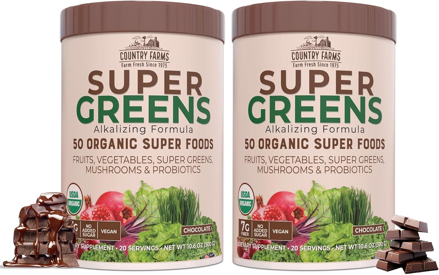 Country Farms Super Greens Sabor Natural, 50 Superalimentos Orgánicos, USDA Organic, Mezcla de Verduras, Frutas, con Fibra, Hongos y Probióticos, Apoya la Energía, 60 Porciones, 900g