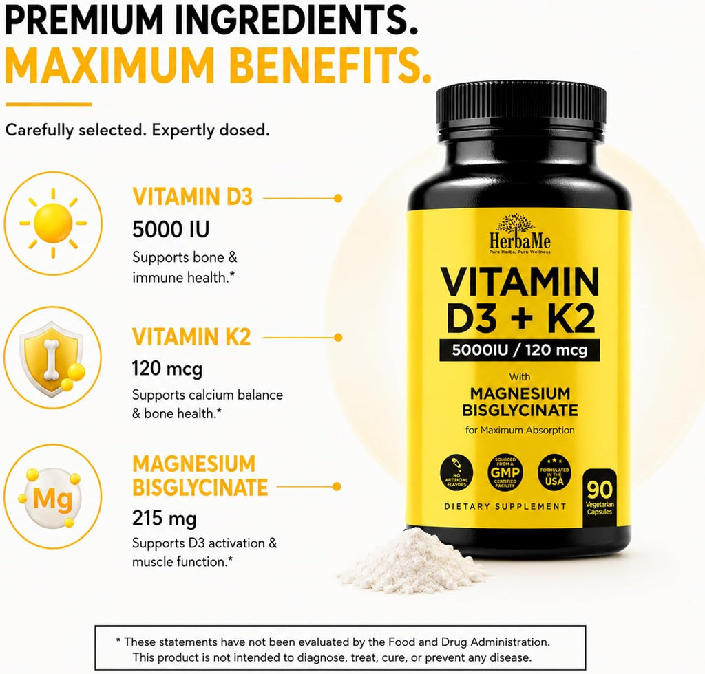 HerbaMe Vitamina D3 5000 UI + K2 con Magnesio Bisglicinato | Salud Ósea, Muscular e Inmune | 90 Cápsulas