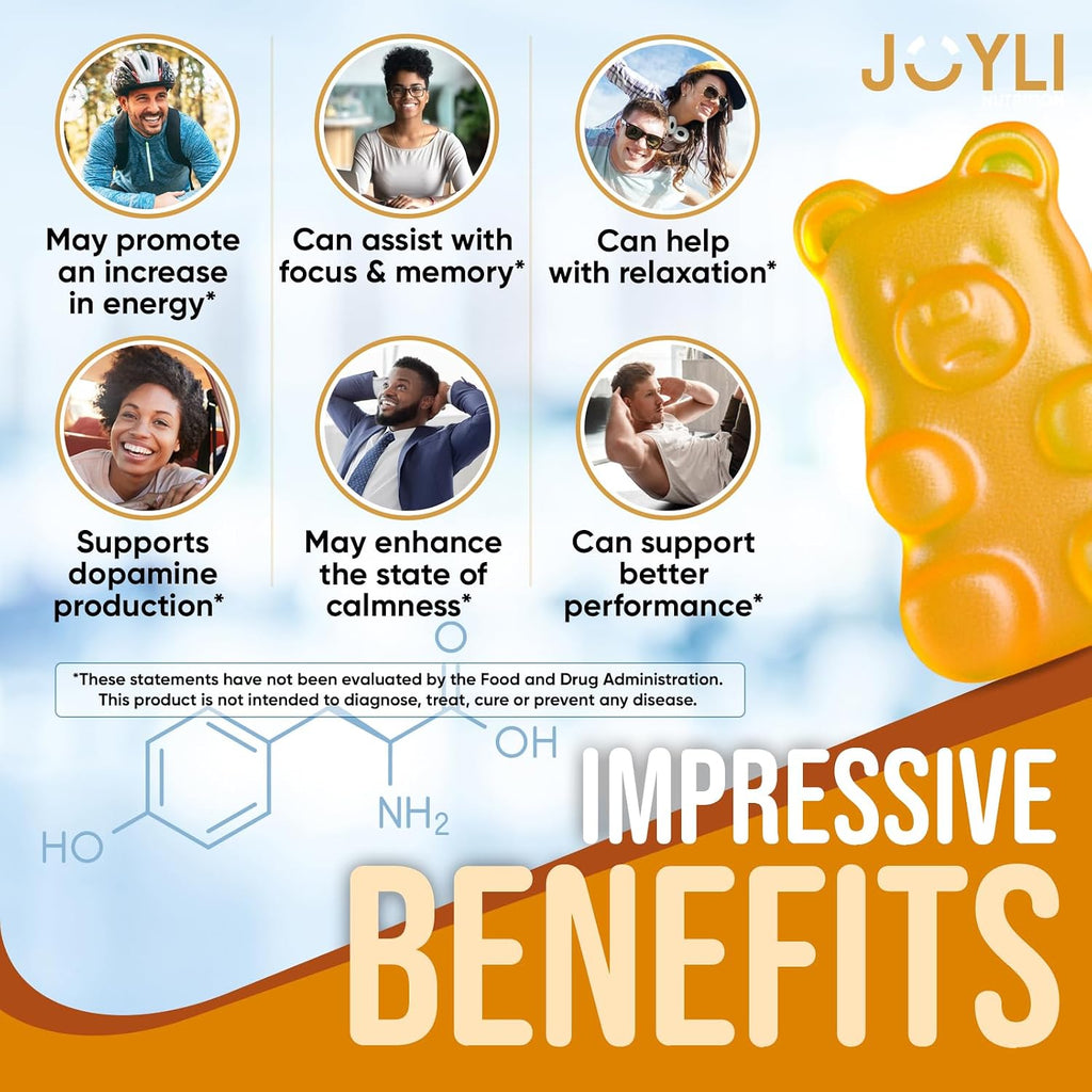 Joyli L-Tirosina Gominolas 1000 mg - Complemento de L-Tirosina para Calma y Concentración - 500 mg por Gominola - Vegano, Sin Gluten
