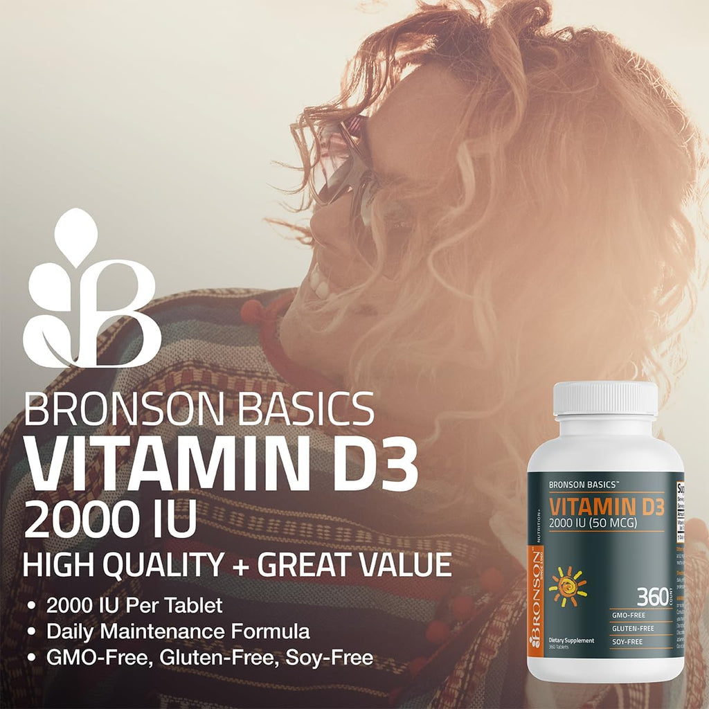 Vitamina D3 2000 IU (50mcg) de Bronson, 360 Comprimidos - No-GMO, Sin Gluten