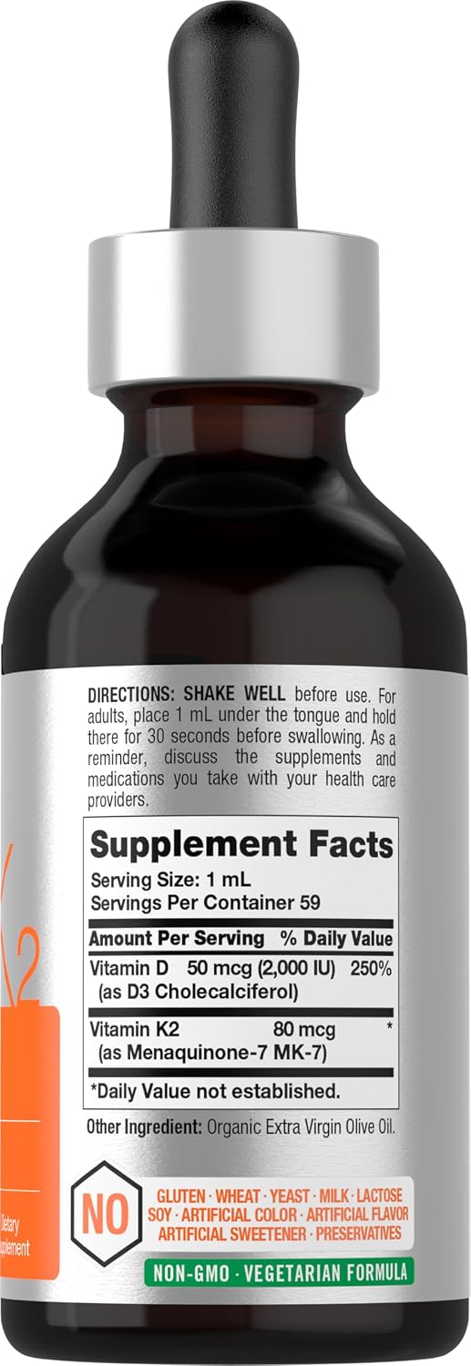 Horbäach Vitamin D3 K2 Liquid Drops | con MK-7 | 2 fl oz | Vegetariano, No-GMO, Sin Gluten