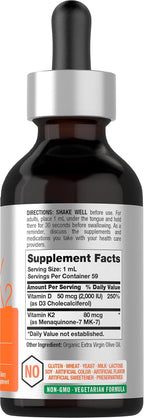 Horbäach Vitamin D3 K2 Liquid Drops | con MK-7 | 2 fl oz | Vegetariano, No-GMO, Sin Gluten