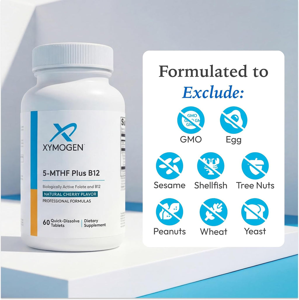 XYMOGEN 5-MTHF Plus B12 - Folato Activo y MetilB12 - Apoyo a la Metilación y Sistema Nervioso - Sin Gluten - Sabor a Cereza - 60 Comprimidos de Disolución Rápida