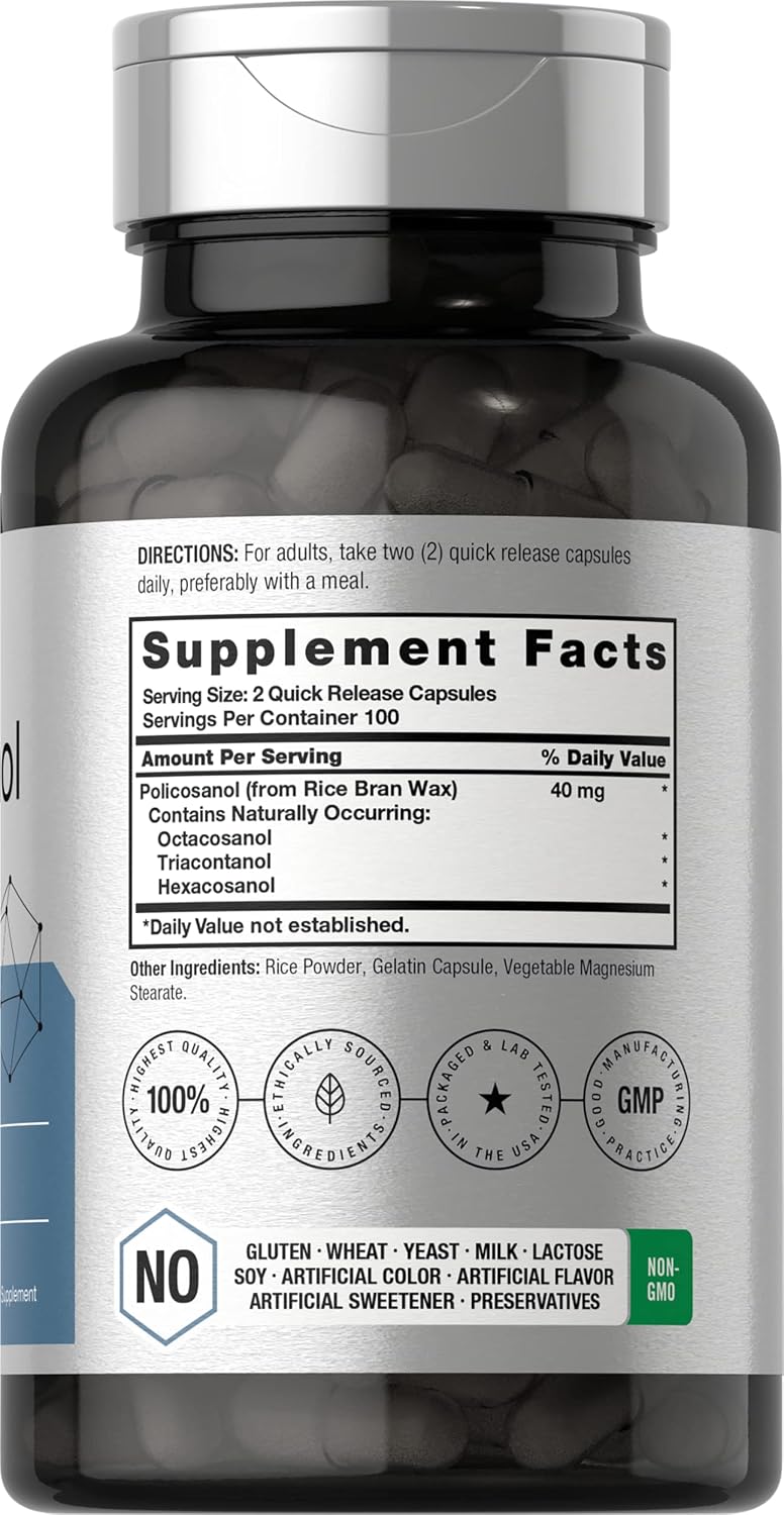 Horbäach Policosanol 40 mg (200 Cápsulas) - Complemento Alimenticio no Transgénico y sin Gluten