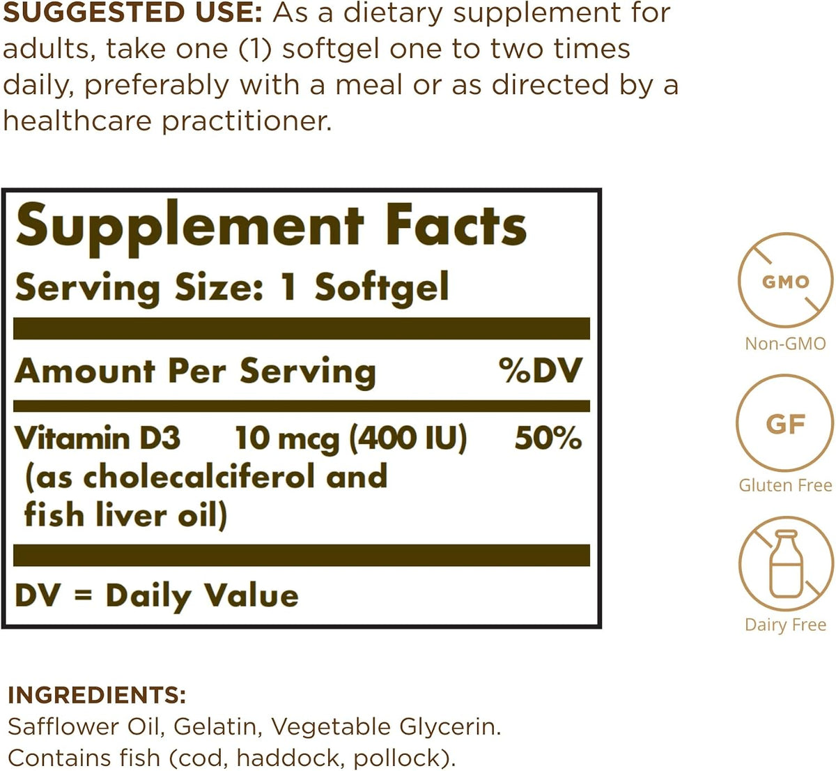 Solgar Vitamina D3 (Colecalciferol) 10 mcg – El mantenimiento de los niveles normales de calcio en sangre. – Image 2
