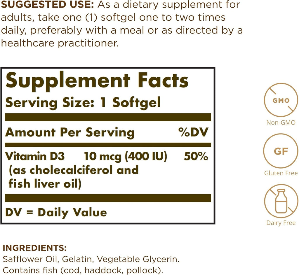 Solgar Vitamin D3 (Cholecalciferol) 10 mcg (400 IU), 100 Softgels