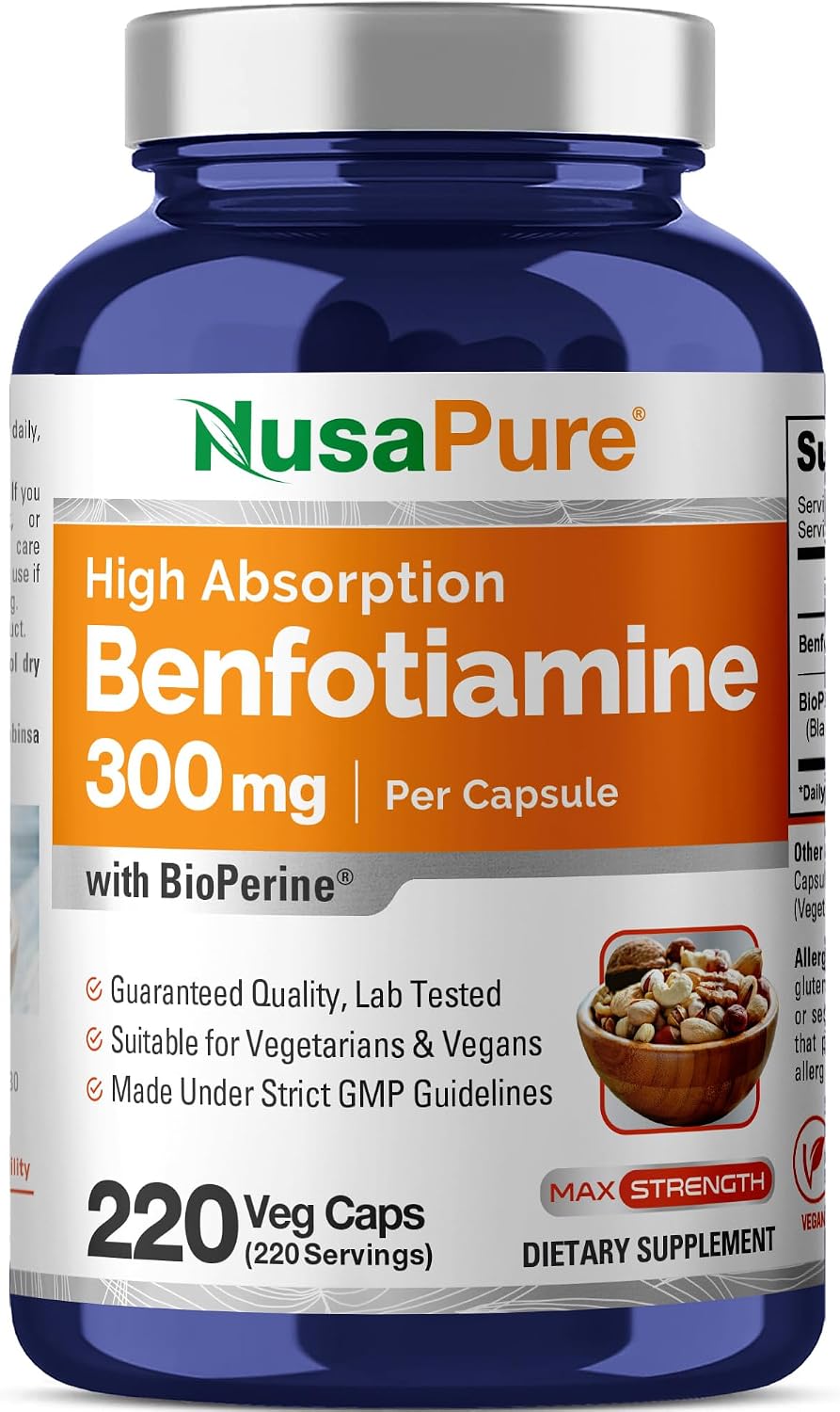 NusaPure Benfotiamina 300 mg por Cápsula Vegetal, 220 Cápsulas (No OGM, Vegano) con Bioperina