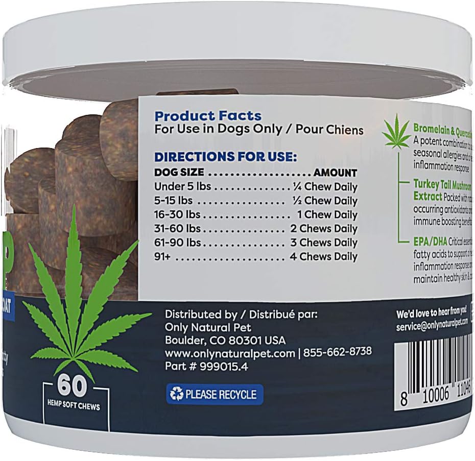 Only Natural Pet Masticables Suaves de Hemp para Alergias, Piel y Pelaje - 60 unidades