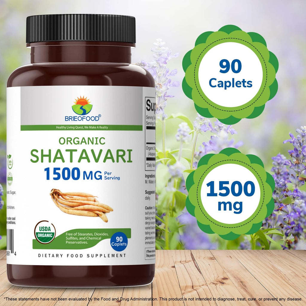 Organic Shatavari 1500mg, 45 Porciones, Vegetariano, Sin Gluten, 90 Comprimidos Vegetarianos