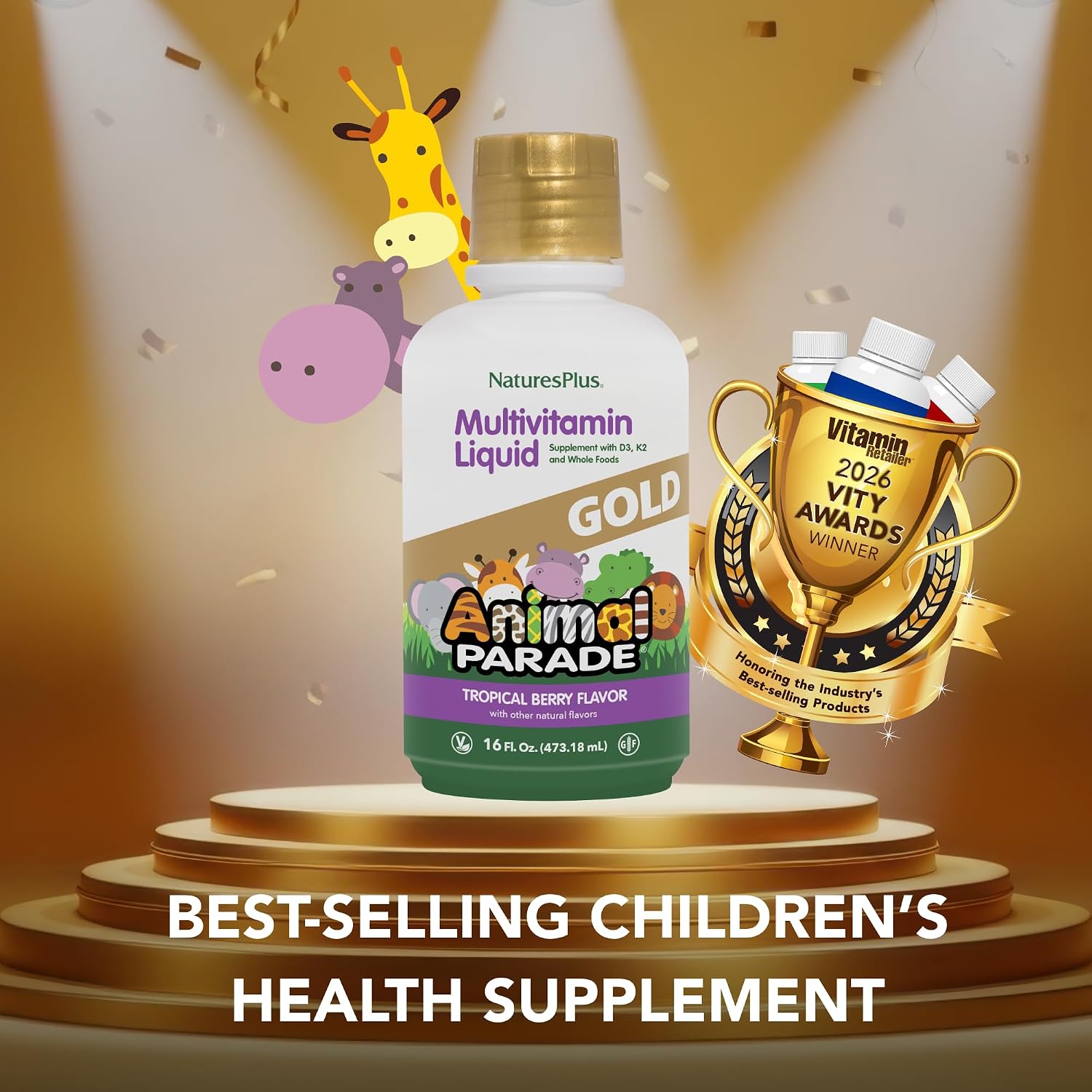 NaturesPlus Animal Parade Source of Life Gold Children's Liquid Multivitamin Tropical Berry Flavor - 887 ml (30 oz) - 60 Servings
