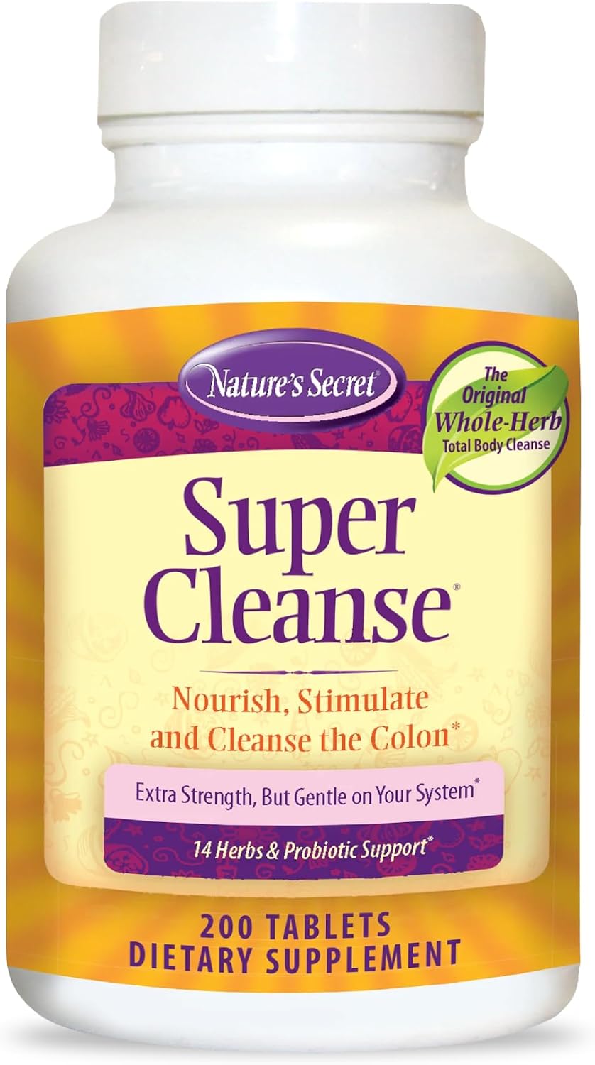 Nature's Secret Super Cleanse - Extra Strength Limpieza de Colon con 14 Hierbas y Probióticos - 200 Comprimidos