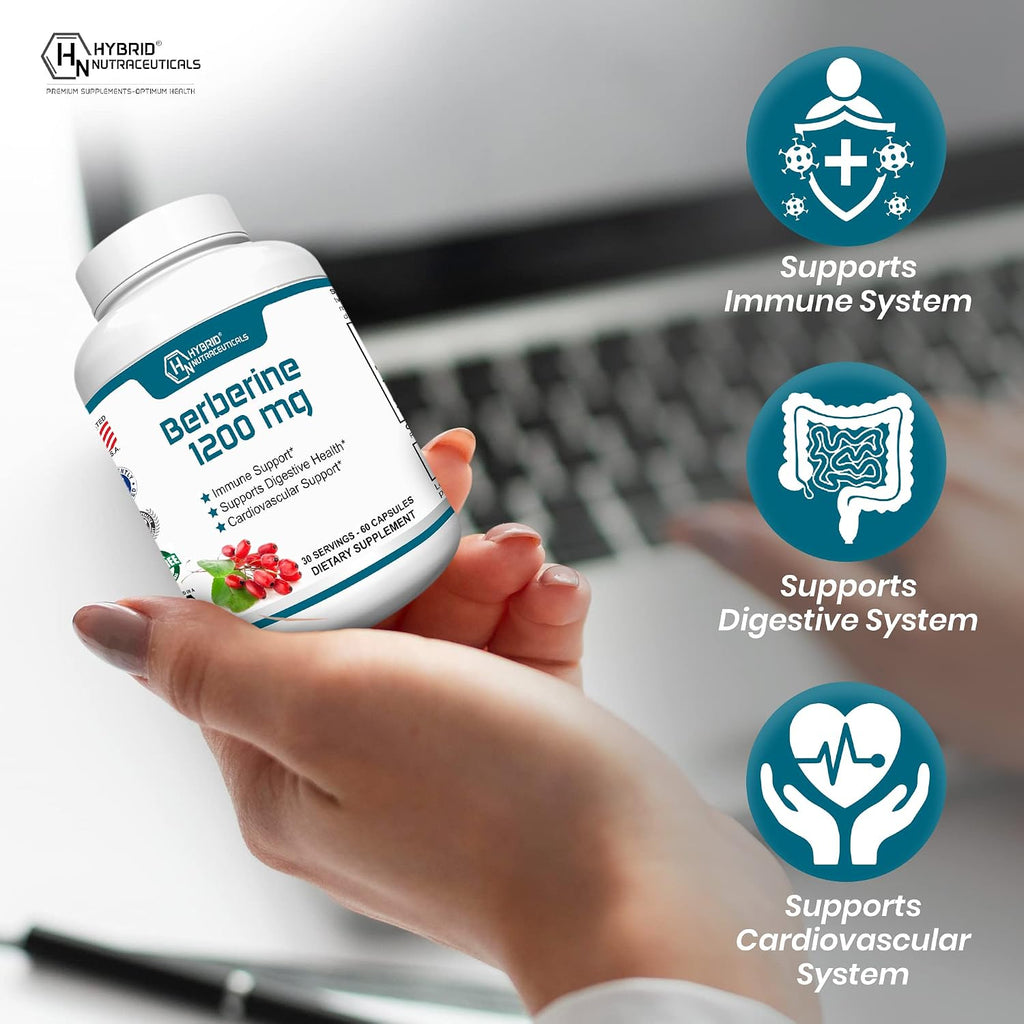 Berberina 1200mg – Fórmula Concentrada de Berberina HCl – 60 Cápsulas – Hybrid Nutraceuticals