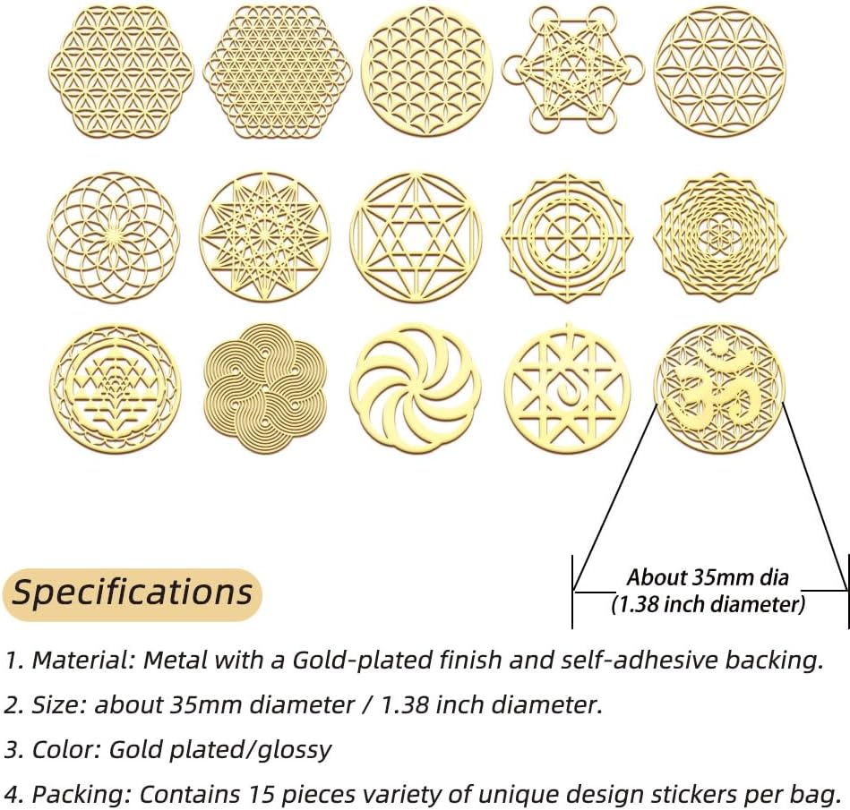 15 Pegatinas Metálicas Flor de la Vida - Chapado en Oro - Símbolo Sagrado Geométrico