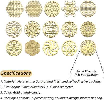 15 Pegatinas Metálicas Flor de la Vida - Chapado en Oro - Símbolo Sagrado Geométrico