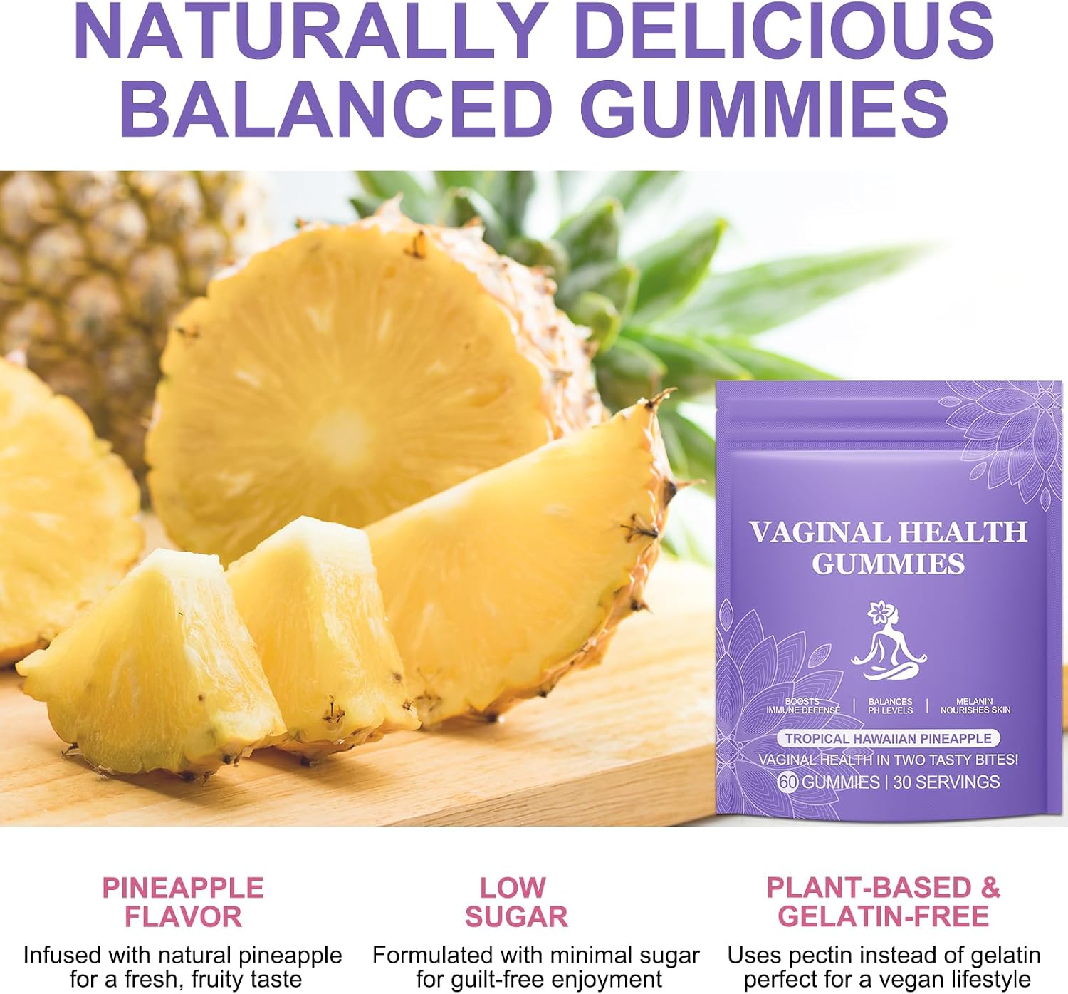 Gominolas de Piña para Mujeres PH 60 Unidades, Equilibrio PH, Probióticos Vaginales, Mejora la Inmunidad, Sabor Hawaiano, Veganas y Bajas en Azúcar