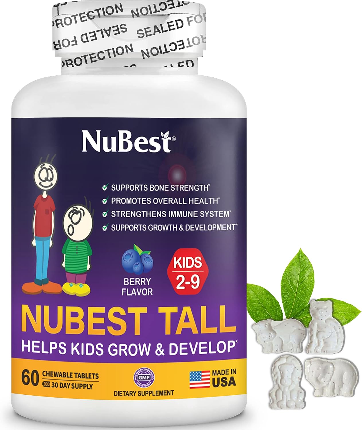 NuBest Tall Kids - Multivitaminas y Minerales para Niños de 2 a 9 años - 60 Comprimidos Masticables Sabor Bayas