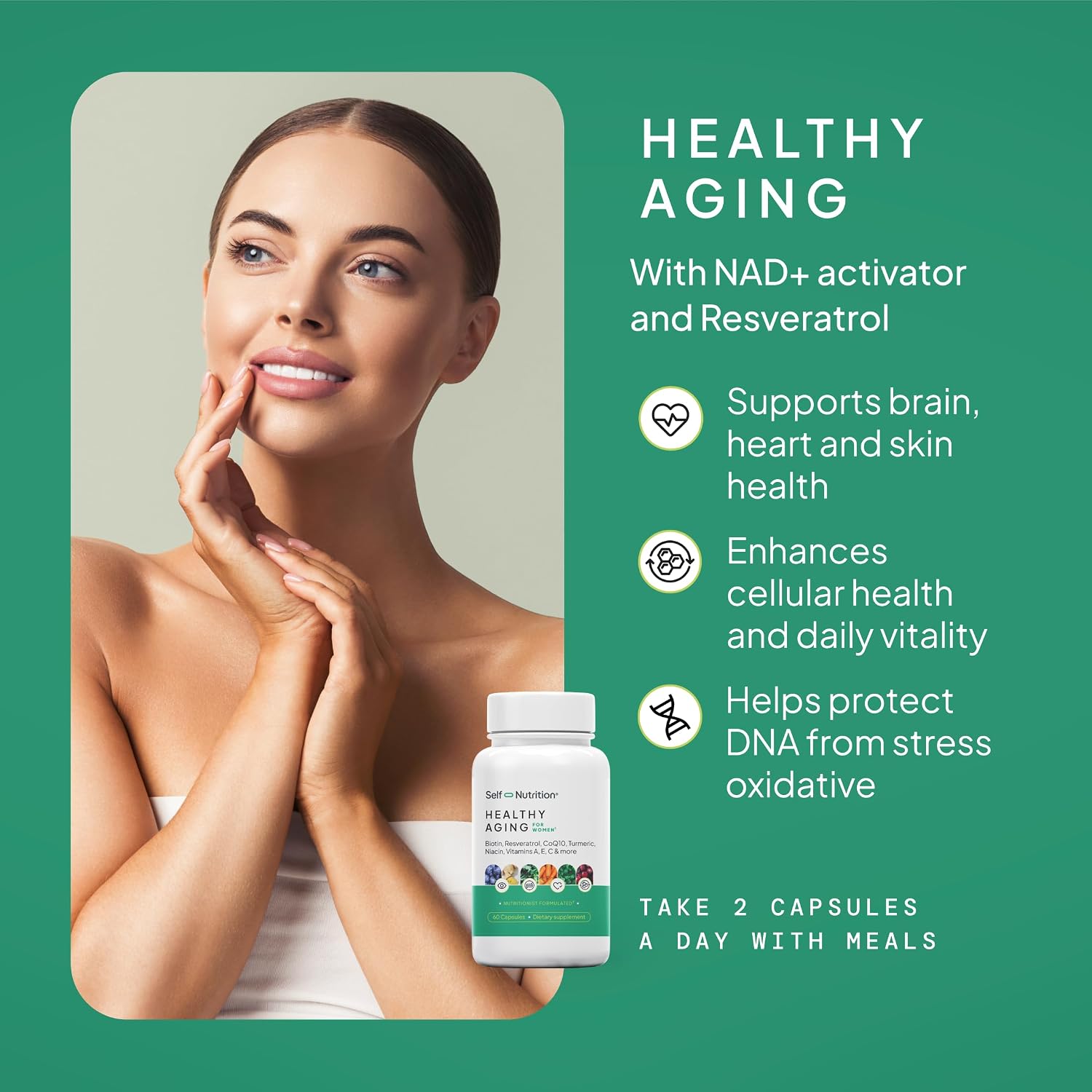SELF NUTRITION NAD+ Resveratrol para Mujer con CoQ10, Biotina, Cúrcuma y Vitaminas A, C, E – 60 Cápsulas