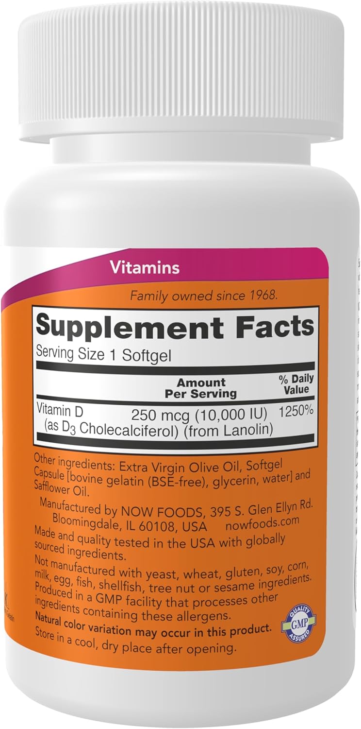 Now Foods Suplemento Vitamina D-3 10.000 UI, Alta Potencia, 30 Cápsulas Blandas