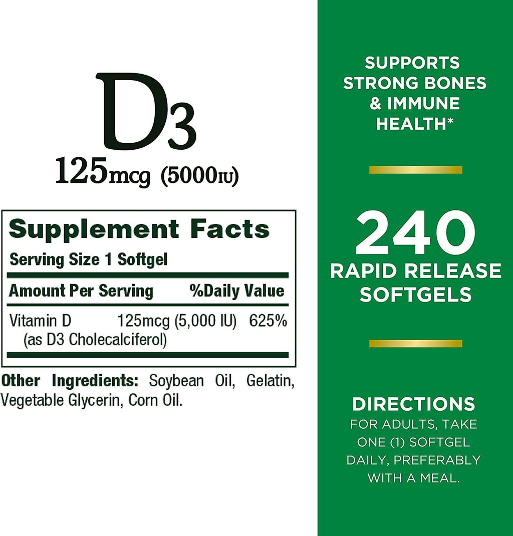 Nature's Bounty Vitamina D3, Apoyo Inmunológico, 125 mcg (5000 UI), Cápsulas Blandas de Liberación Rápida, 240 unidades - Pack de 2
