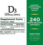 Nature's Bounty Vitamina D3, Apoyo Inmunológico, 125 mcg (5000 UI), Cápsulas Blandas de Liberación Rápida, 240 unidades - Pack de 2