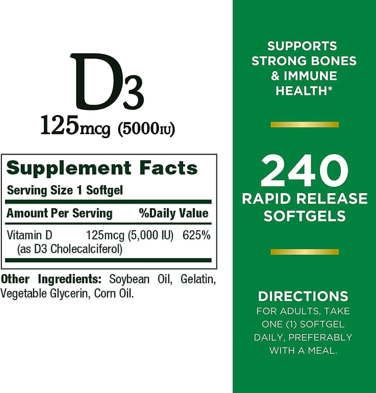 Nature's Bounty Vitamina D3, Apoyo Inmunológico, 125 mcg (5000 UI), Cápsulas Blandas de Liberación Rápida, 240 unidades - Pack de 2