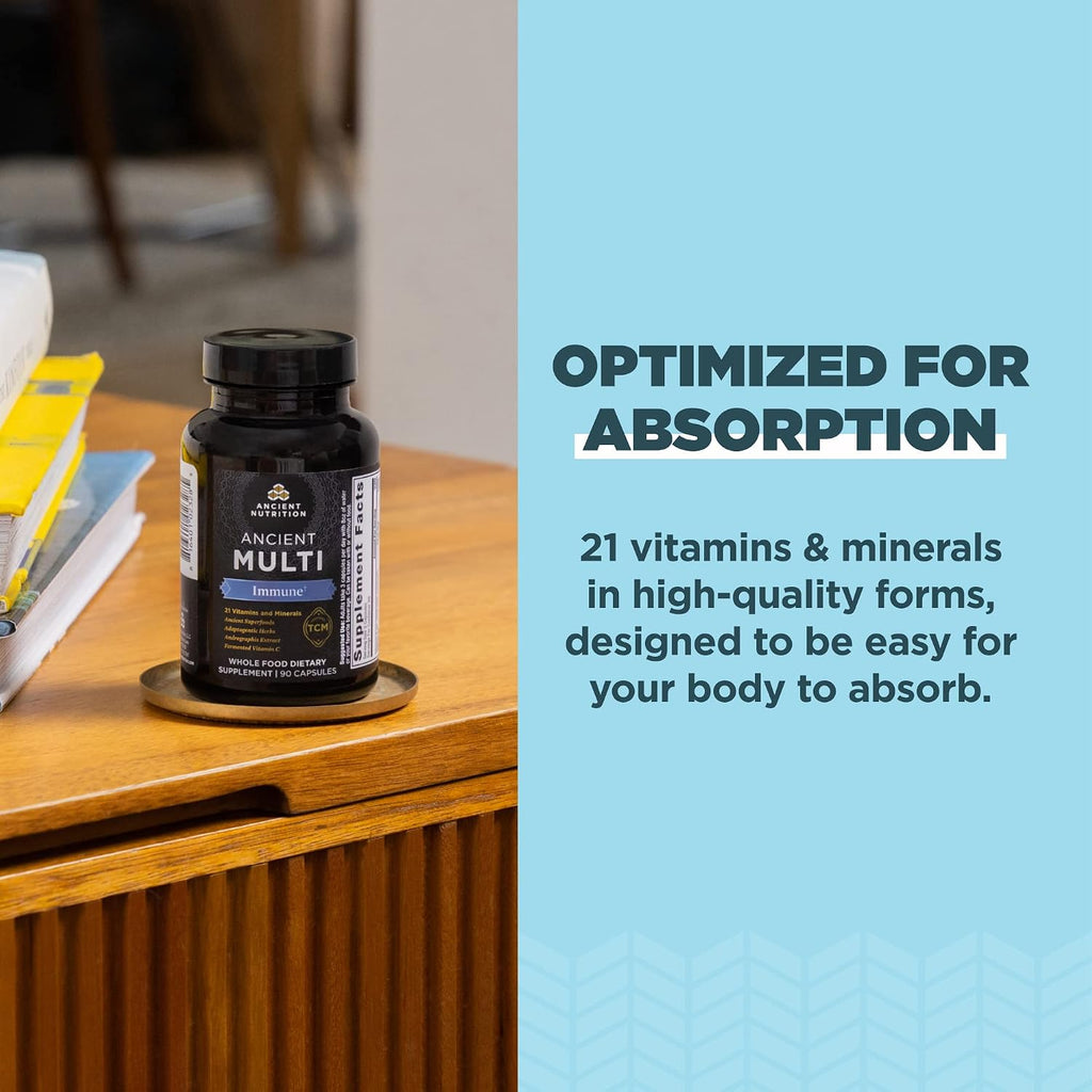 Ancient Nutrition Multivitamínico para Apoyo Inmunitario, 21 Vitaminas y Minerales con Vitamina D y C, Cúrcuma, 90 Cápsulas