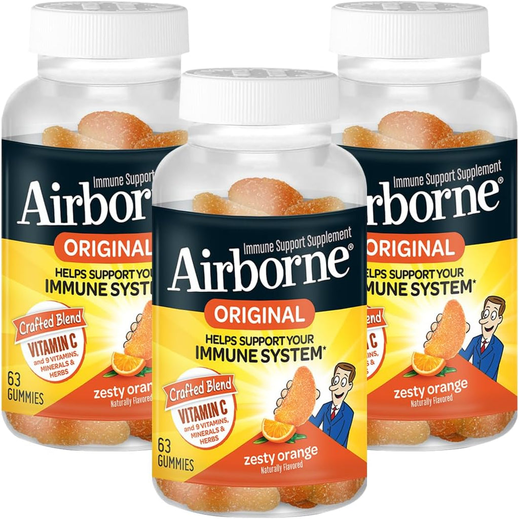 Airborne Gominolas de Apoyo Inmunológico, Sabor Naranja, 63 uds - 750 mg de Vitamina C + Vitaminas A, D y E + Zinc, Selenio y Manganeso | Mezcla de Hierbas (Paquete de 4)